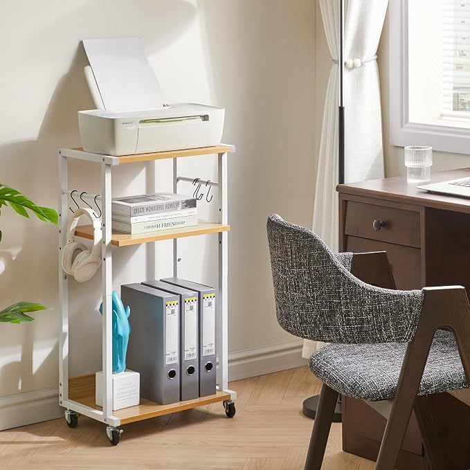 YMYNY Mobile Printer Stand, 3-Tier Printer Cart with Adjustable Storage Shelf and 6 S-Hooks, Tall Printer Table for Home Office, for Computer Tower Stand, Shredder, CPU Stand, Natural, UHPT002N
