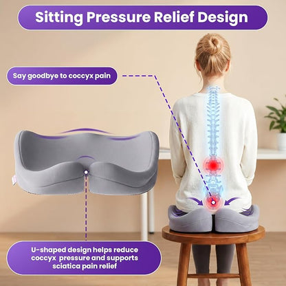 ZZ-WELL Seat Cushions for Office Chairs, Coccyx Cushion for Tailbone Pain, Memory Foam Butt Pillows for Long Sitting, Patented Pressure Relief Design, Extra Large & Thick, 21.2 Inches (Light Grey)