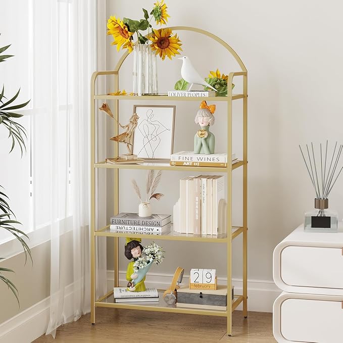 Hzuaneri Bookcase Bookshelf, Tempered Glass Bookshelves, Slim Shelving Unit for Bedroom, Bathroom, Home Office, Steel Frame, 4 Tier Gold BC21499G