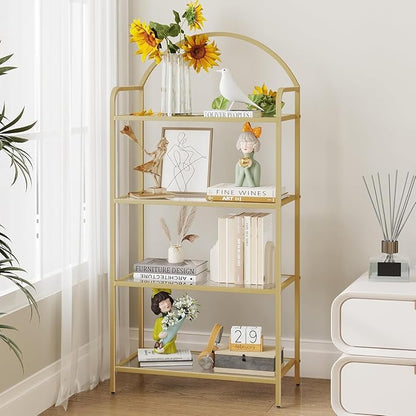 Hzuaneri Bookcase Bookshelf, Tempered Glass Bookshelves, Slim Shelving Unit for Bedroom, Bathroom, Home Office, Steel Frame, 4 Tier Gold BC21499G