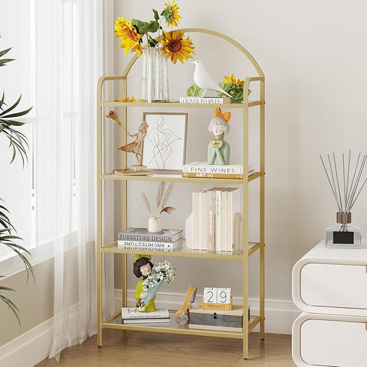 Hzuaneri Bookcase Bookshelf, Tempered Glass Bookshelves, Slim Shelving Unit for Bedroom, Bathroom, Home Office, Steel Frame, 4 Tier Gold BC21499G