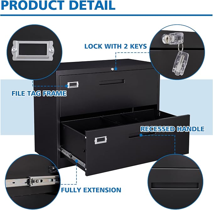 BYNSOE 2 Drawer Lateral File Cabinet Metal Filing Cabinet with Lock Office Home Steel Lateral File Cabinet for A4 Legal/Letter Size Lockable Wide Metal Cabinet,Assembly Required(2 Drawer, Black)
