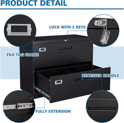 BYNSOE 2 Drawer Lateral File Cabinet Metal Filing Cabinet with Lock Office Home Steel Lateral File Cabinet for A4 Legal/Letter Size Lockable Wide Metal Cabinet,Assembly Required(2 Drawer, Black)