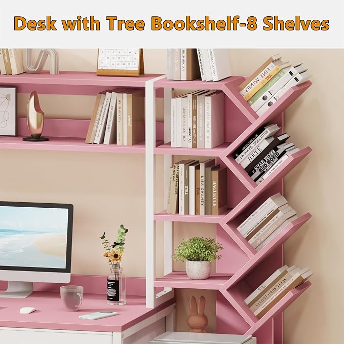 YOMILUVE Reversible Computer Desk with Hutch, Home Office Desk with 5 Drawers and Bookshelf, 52'' Study Writing Desk with Storage Shelves for Bedroom Home Office, Pink