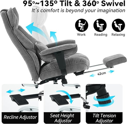 Efomao Executive Office Chair 400lbs, Grey Fabric Big and Tall Desk Chair | Breathable fabric, pocket spring & foam seat, retractable footrest, 135° recline for computer gaming setup