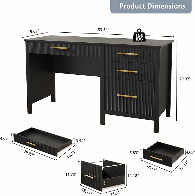 Fluted Executive Desk with Drawers: 54" Black Home Office Desks with File Drawers, Modern Computer Desk with Gold Handles, Writing Table for Study, Living Room (Black, 54")