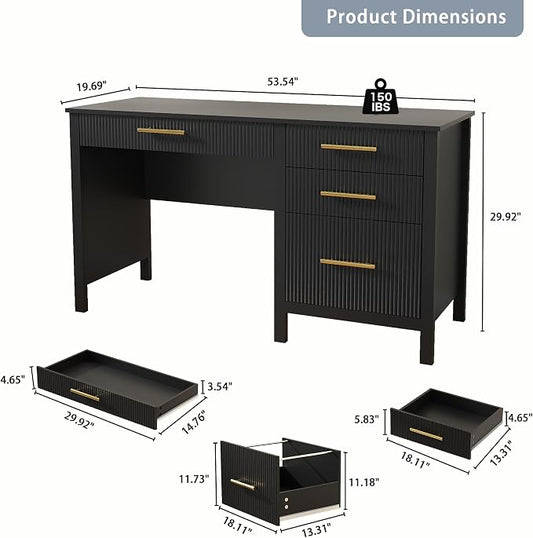 Fluted Executive Desk with Drawers: 54" Black Home Office Desks with File Drawers, Modern Computer Desk with Gold Handles, Writing Table for Study, Living Room (Black, 54")