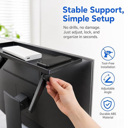 13 Inch Adjustable Screen Top Shelf Organizer for TV Computer Monitor Flat Screen, Large TV Mount Top Shelf Used To Place Soundbar Cable Box Speakers Apple TV Play-station Camera Frames Remote