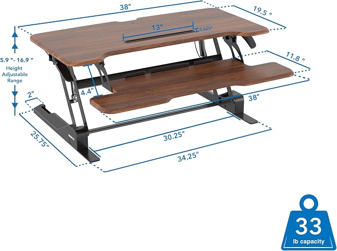Mount-It! Large 38 Inch Standing Desk Converter, Sit Stand Desk Riser for Dual Monitors with Keyboard Tray, Height Adjustable Desktop Workstation, Easy Lift Gas Spring, Rustic Walnut Brown