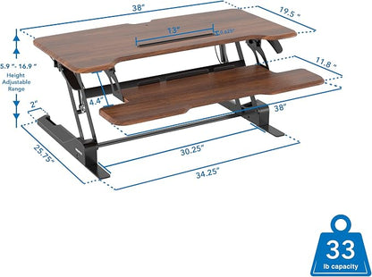 Mount-It! Large 38 Inch Standing Desk Converter, Sit Stand Desk Riser for Dual Monitors with Keyboard Tray, Height Adjustable Desktop Workstation, Easy Lift Gas Spring, Rustic Walnut Brown