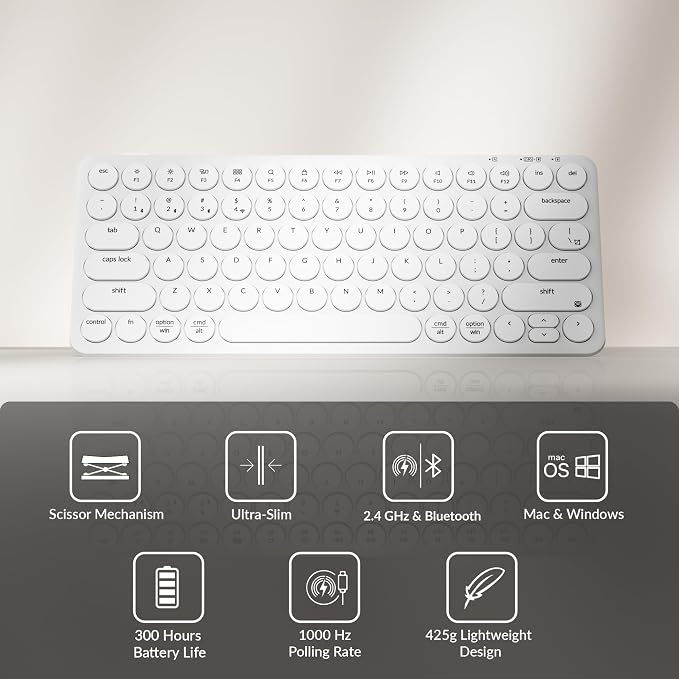 Keychron B3 Pro 75% Ultra-Slim Wireless Keyboard, 2.4GHz, Bluetooth 5.2 / Wired USB Connection, Portable Silent White Bluetooth Keyboard for Mac Windows Linux Tablet Phone
