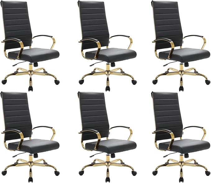 LeisureMod Modern High-Back Leather Office Chair - Swivel & Adjustable Executive Desk Chair with Gold Frame, Ergonomic Design for Home & Office (Black, Set of 6)