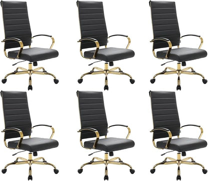 LeisureMod Modern High-Back Leather Office Chair - Swivel & Adjustable Executive Desk Chair with Gold Frame, Ergonomic Design for Home & Office (Black, Set of 6)