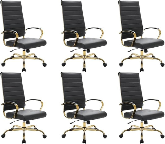 LeisureMod Modern High-Back Leather Office Chair - Swivel & Adjustable Executive Desk Chair with Gold Frame, Ergonomic Design for Home & Office (Black, Set of 6)