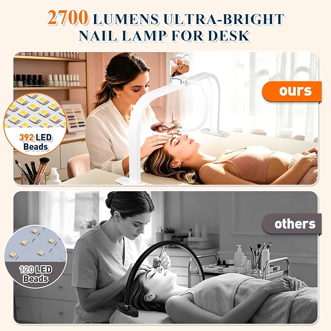 Half Moon Nail Desk Lamp with 5X Magnifier & Phone Holder, LED Arch Tech Light 30" Foldable for Manicure Eyelash Extensions Salon Craft Fingernail Art, 2700LM Multiple Brightness 3000-6000K