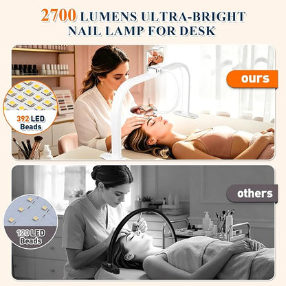 Half Moon Nail Desk Lamp with 5X Magnifier & Phone Holder, LED Arch Tech Light 30" Foldable for Manicure Eyelash Extensions Salon Craft Fingernail Art, 2700LM Multiple Brightness 3000-6000K