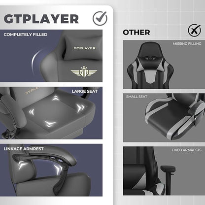 GTPLAYER Big and Tall Gaming Chair 400lbs Heavy Duty Office Chair with Footrest, High Back Pocket Spring Ergonomic Computer Chair for Adults, Wide Seated Cushion with Linkage Armrests, Leather Grey