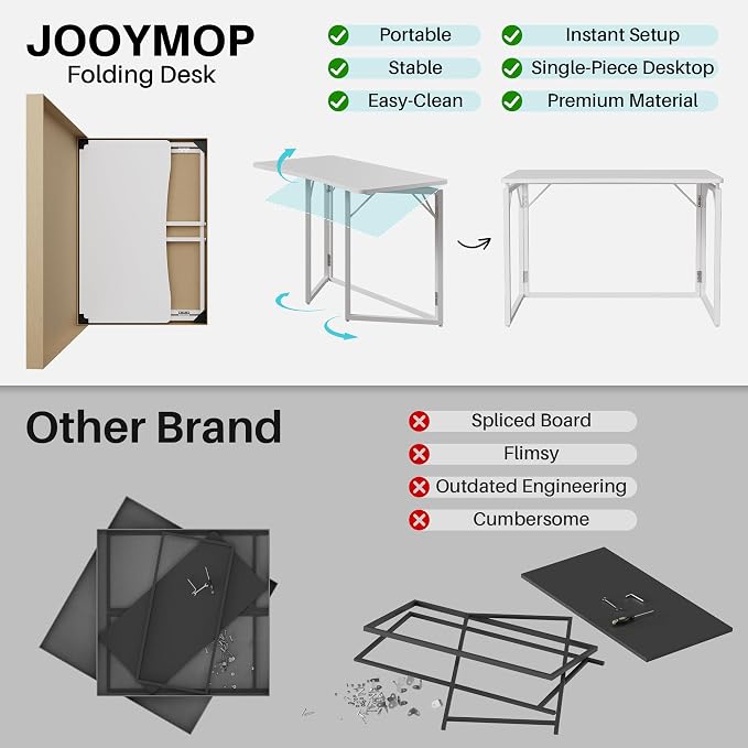 JOYMOOP White Folding Desk - 47.2", No Assembly Large Size Foldable Desk for Home, Office, Wooden Top Folding Computer Desk for Working, Writing, Studying