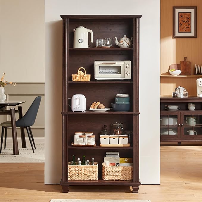 SAVOR LIFE 70" Tall Walnut Bookshelf,5 Tier Wooden Book Shelf with Adjustable Shelves & Wood Legs,Free Standing Farmhouse Bookcase with Open Display Storage,Vintage Bookshelves for Classroom, 2PCS