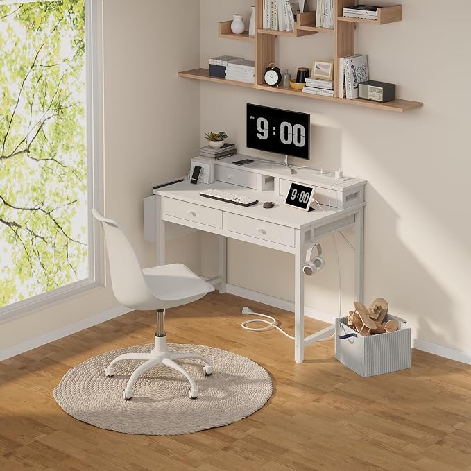 Lufeiya Small White Kids Desk with Fabric Drawers for Bedroom, 32 inch Vanity Makeup Desk with Drawers Storage for Home Office, Writing Study Table with Power Outlet & Monitor Stand, White