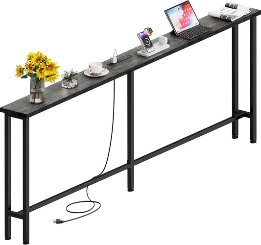 GRLEAF 70" Sofa Table with Built-in Power Strip (2 AC Outlets & 2 USB Ports) – 4.9ft Power Cord, Metal Frame, Easy Assembly, Long Couch Table Behind Sofa, Living Room and Home Office | Charcoal Gray