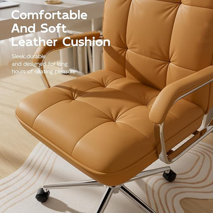 HomeZeer Brown Office Chair, Mid Back Leather Desk Chair with Wheels and Padded Arms, Swivel Vanity Chair for Bedroom, Computer Chair for Study and Work
