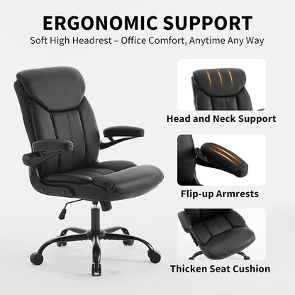 Home Office Ergonomic Desk Chair - Comfy Leather Executive Chair with Flip-Up Armrests, Height Adjustable Computer Chair for Gaming, 360° Swivel & Rocking(Black)