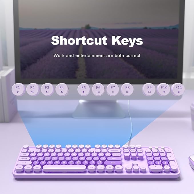 MOWUX Computer Keyboard Wired, Plug and Play USB Retro Round Typewriter Keyboard, Full Size Wired Keyboard with Foldable Stands for Laptop and Office PC- Purple with Large