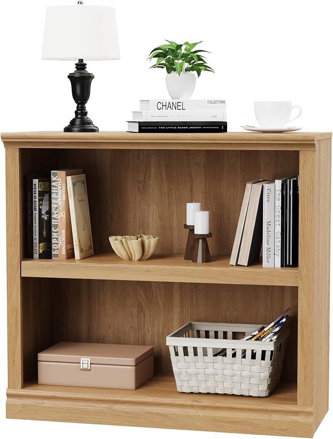 blini Bookshelf and Bookcase Set of 2, Wooden Oak Double Wide Large Bookshelves, 2 Tier Bookshelf with Storage Cabinets for Living Room, Home Office, Library (Oak, 2 - Shelf)
