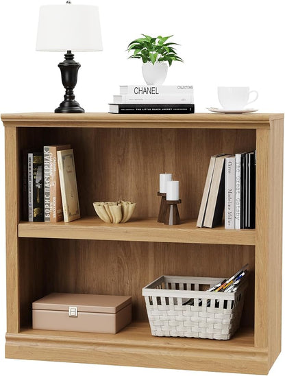 blini Bookshelf and Bookcase Set of 2, Wooden Oak Double Wide Large Bookshelves, 2 Tier Bookshelf with Storage Cabinets for Living Room, Home Office, Library (Oak, 2 - Shelf)