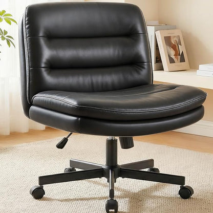 COMHOMA Cross Legged Office Chair with Wheels Armless Office Desk Chair, Modern Vanity Computer Task Chairs for Home Bedroom, Comfortable Wide Seat for Lower Back Pain Relief, PU Leahter, Black