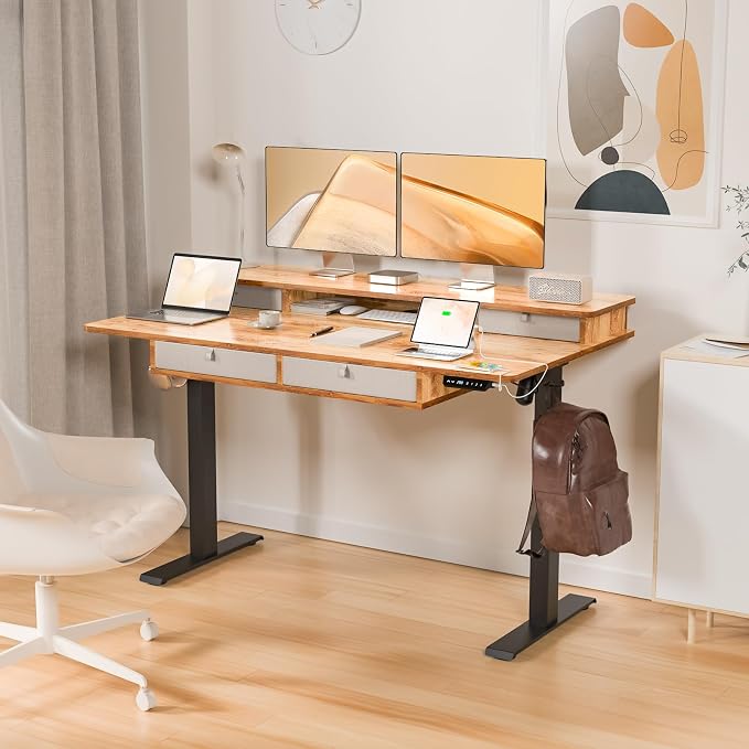 55 * 30 Inches Electric Standing Desk Adjustable Height with 4 Drawers, Double Storage Shelves Stand Up Desk, Home Office Workstation Sit Stand Desk (Light Rustic Brown)