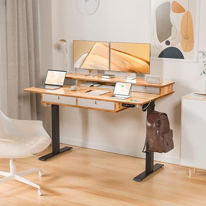 55 * 30 Inches Electric Standing Desk Adjustable Height with 4 Drawers, Double Storage Shelves Stand Up Desk, Home Office Workstation Sit Stand Desk (Light Rustic Brown)