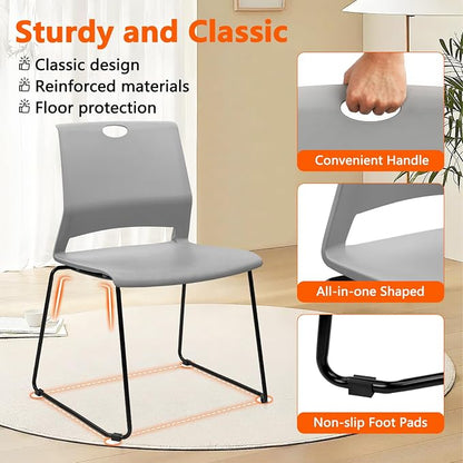 KLASIKA Stackable Guest Reception Chairs, Stacking Office Chair with Ergonomic Lumbar Support & Metal Legs, Plastic Desk Chairs for Conference School Church Waiting Meeting Break Room Set of 12, Gray