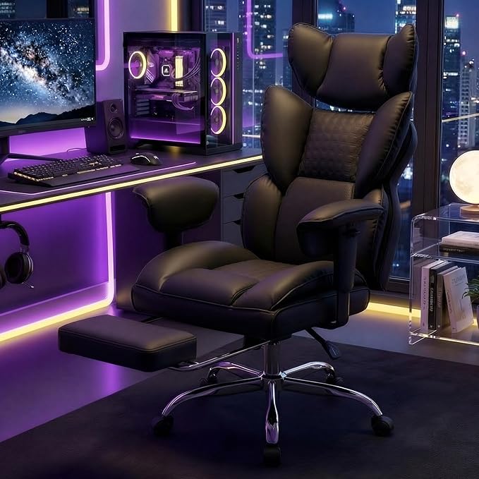 DUMOS Big and Tall Home Office Desk Chair, Ergonomic Executive Chair with Footrest, Computer Gaming Chairs with High Back Reclining, Adjustable Armrests and Comfy Lumbar Support, PU Leather, Black