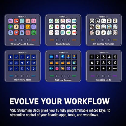 VSDINSIDE Macro Keypad, Stream Controller Deck Gaming Streaming Shortcut Keyboard, 18 Programmable Keys Customizable Visual AI Pad USB Soundboard for OBS, YouTube, Desk Office Setup, Laptop, PC, Mac