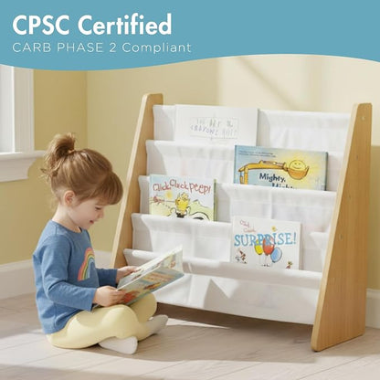 Humble Crew Kids Bookshelf, 4-Tier Front-Facing Book Display Organizer, Montessori Toddler Bookcase for Playroom, Bedroom & Reading Corner, Natural Wood/White