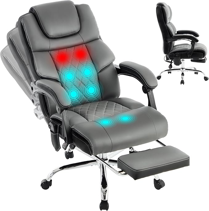 Massage Office Chair with Heat & Footrest,Heated Comfy Reclining Desk Chair with Vibration,Executive Big and Tall Chairs for Heavy People,Adjustable Height Black Grey