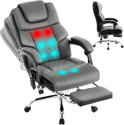 Massage Office Chair with Heat & Footrest,Heated Comfy Reclining Desk Chair with Vibration,Executive Big and Tall Chairs for Heavy People,Adjustable Height Black Grey
