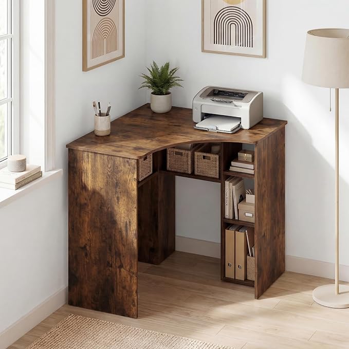 Tangkula Corner Desk with Charging Station, 90-Degree Triangle Computer Desk with Ergonomic Curved Edge & Open Storage Shelves, Writing Study Desk for Small Spaces Home Office