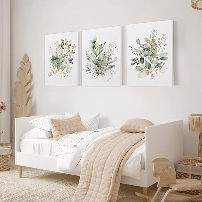 Framed Bathroom Wall Art Set of 3 for Rustic Botanical Prints,Watercolor Botanical Wall Art,Sage Green Painting Eucalyptus Leaf Art Pictures,Modern Boho Floral Wall Decor for Room Living Room Bedroom Decorations,12x16inch