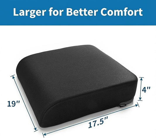 YOUFI Extra Thick Large Seat Cushion -19 X 17.5 X 4 Inch Gel Memory Foam Cushion with Carry Handle Non Slip Bottom - Pain Relief Coccyx Cushion for Wheelchair Office Chair (Black (1PACK))