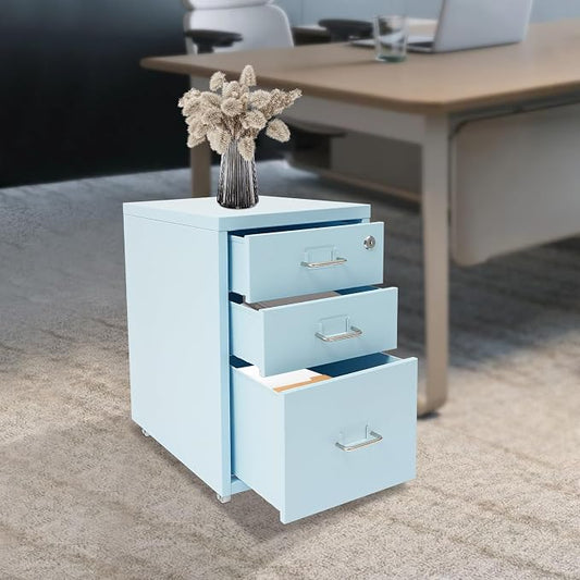 3-Drawer Vertical File Cabinet, 11*16*18.3in Rolling File Cabinet, Mobile Organizer Storage Cabinet with Lock, Office Filing Storage Cabinet Under Desk fits A4 Size, for Home Office (Blue)