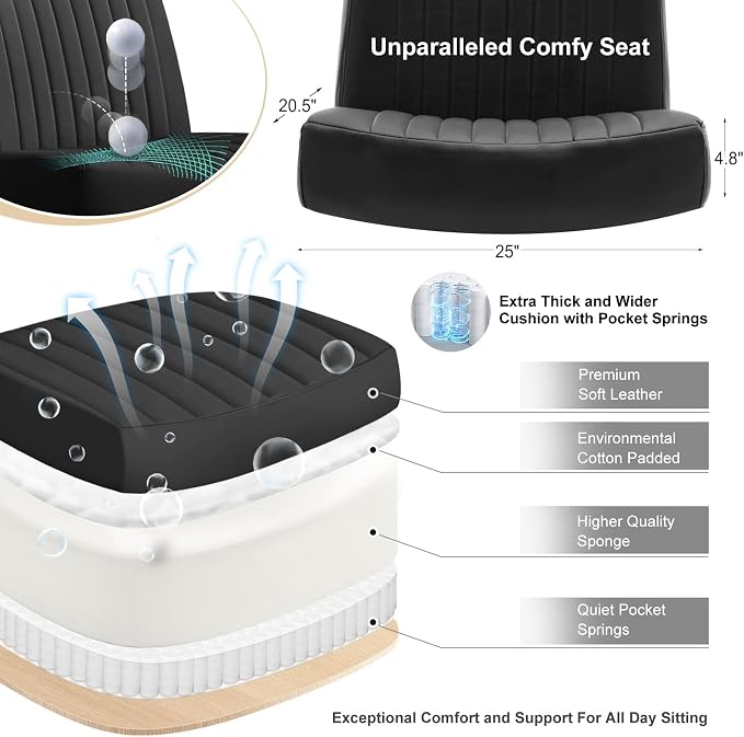 Criss Cross Chair with Wheels,Thick Padded Leather Cross Legged Office Desk Chair with Pocket Spring Cushion,Dual-Purpose Base,Wide Adjustable Computer Home Office Vanity Chair,Black