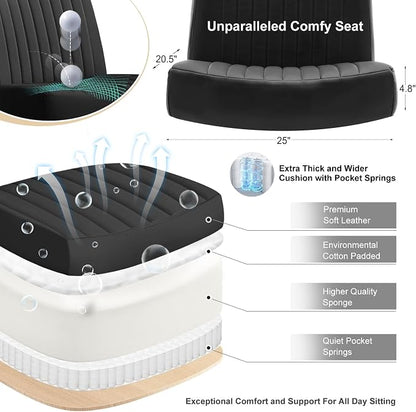 Criss Cross Chair with Wheels,Thick Padded Leather Cross Legged Office Desk Chair with Pocket Spring Cushion,Dual-Purpose Base,Wide Adjustable Computer Home Office Vanity Chair,Black