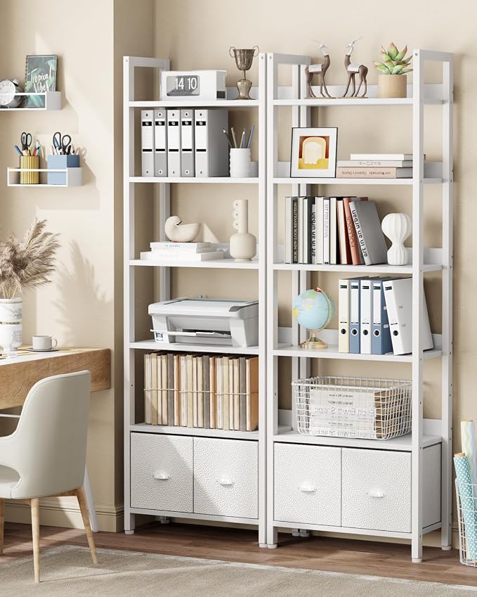 Furologee 6-Tier Bookshelf Set of 2,Tall Bookcase with 2 Drawers and Shelves, Industrial Display Free Standing Shelf Units, Storage Rack Organizer for Bedroom, Living Room, Home Office, White