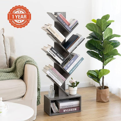 Yoobure Tree Bookshelf - 6 Shelf Retro Floor Standing Bookcase, Tall Wood Book Storage Rack for CDs/Movies/Books, Utility Book Organizer Shelves for Bedroom, Living Room, Home Office, Grey
