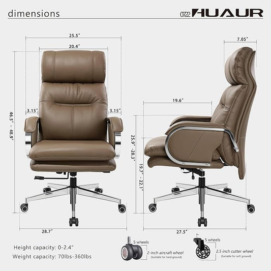 Genuine Leather Modern Executive Chair High-Back Support 90 to 150 Degrees Tilt and Upholstered Home Desk Chair with Base 400LB Capacity Swivel Computer Office Chair (Taupe)