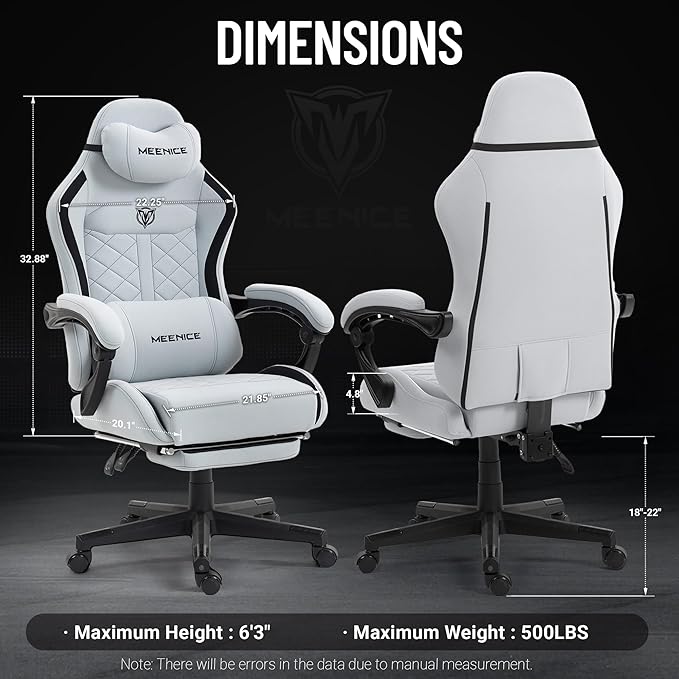 Big and Tall Gaming Chair Fabric with Pocket Spring Cushion, High Back Heavy Duty Gaming Chairs for Adults with Massage Lumbar Support, Ergonomic Computer Chair with Footrest for 400LBS Gray
