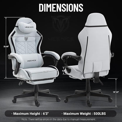 Big and Tall Gaming Chair Fabric with Pocket Spring Cushion, High Back Heavy Duty Gaming Chairs for Adults with Massage Lumbar Support, Ergonomic Computer Chair with Footrest for 400LBS Gray